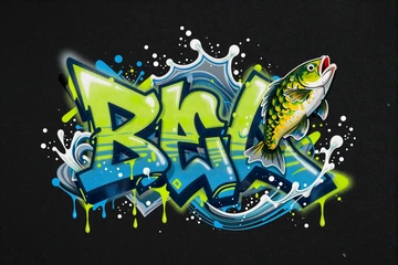Big Bass Splash Fisch-Symbol als Neon-Spray-Paint Street-Art auf schwarzem Hintergrund