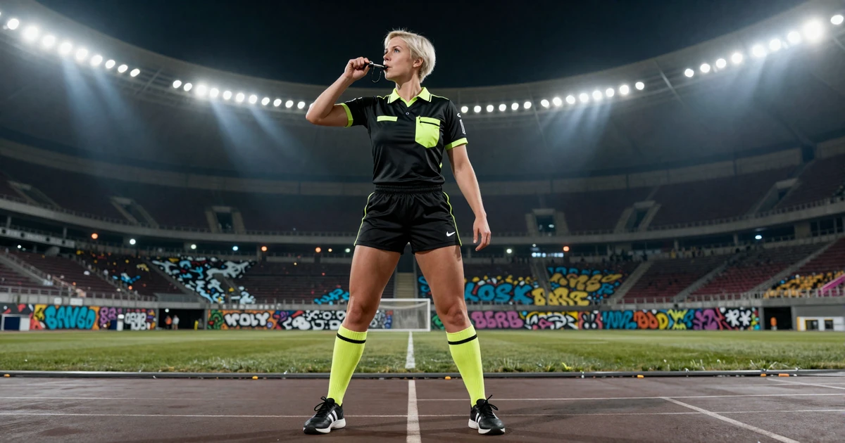 Schiedsrichterin in Streetwear-Outfit pfeift im Stadion bei Flutlicht f&uuml;r Golisimo Sportwetten