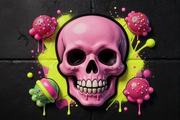 Sugar Rush 1000 Candy-Sch&auml;del-Symbol als Neon-Spray-Paint Street-Art auf schwarzem Hintergrund