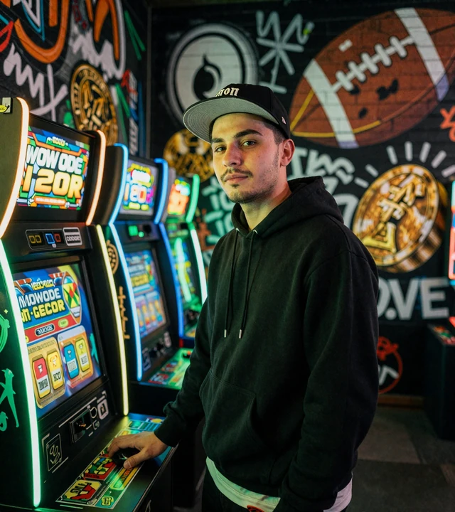 Junger Spieler mit Kapuze und Snapback vor leuchtenden Spielautomaten und Graffiti-Wand bei Golisimo Casino