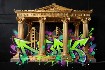 Golden Gates of Olympus Slot-Symbol als Neon-Spray-Paint Street-Art auf schwarzem Hintergrund