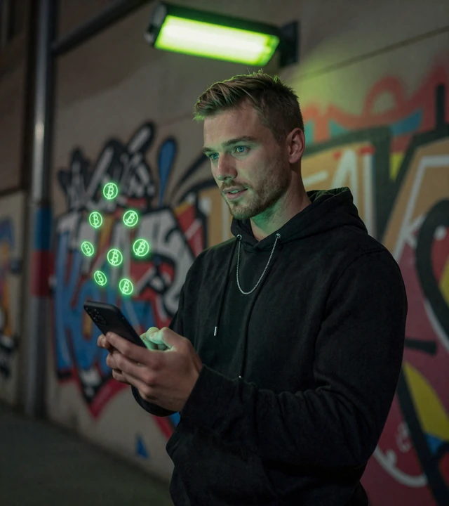Mann mit Smartphone und leuchtenden Krypto-Symbolen in einer n&auml;chtlichen Urban-Alley bei Golisimo Casino Zahlungsmethoden